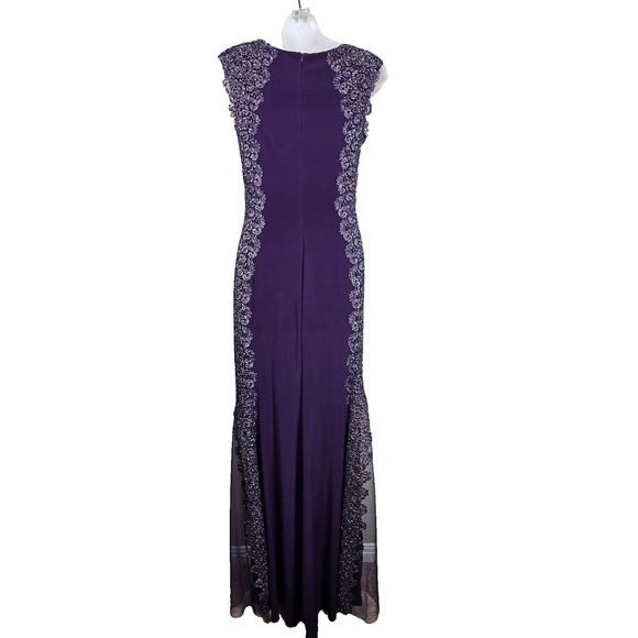 XSCAPE Purple Crochet Lace Column Gown Formal Dress 4 Sheer Stretch Event Party - Picture 2 of 16